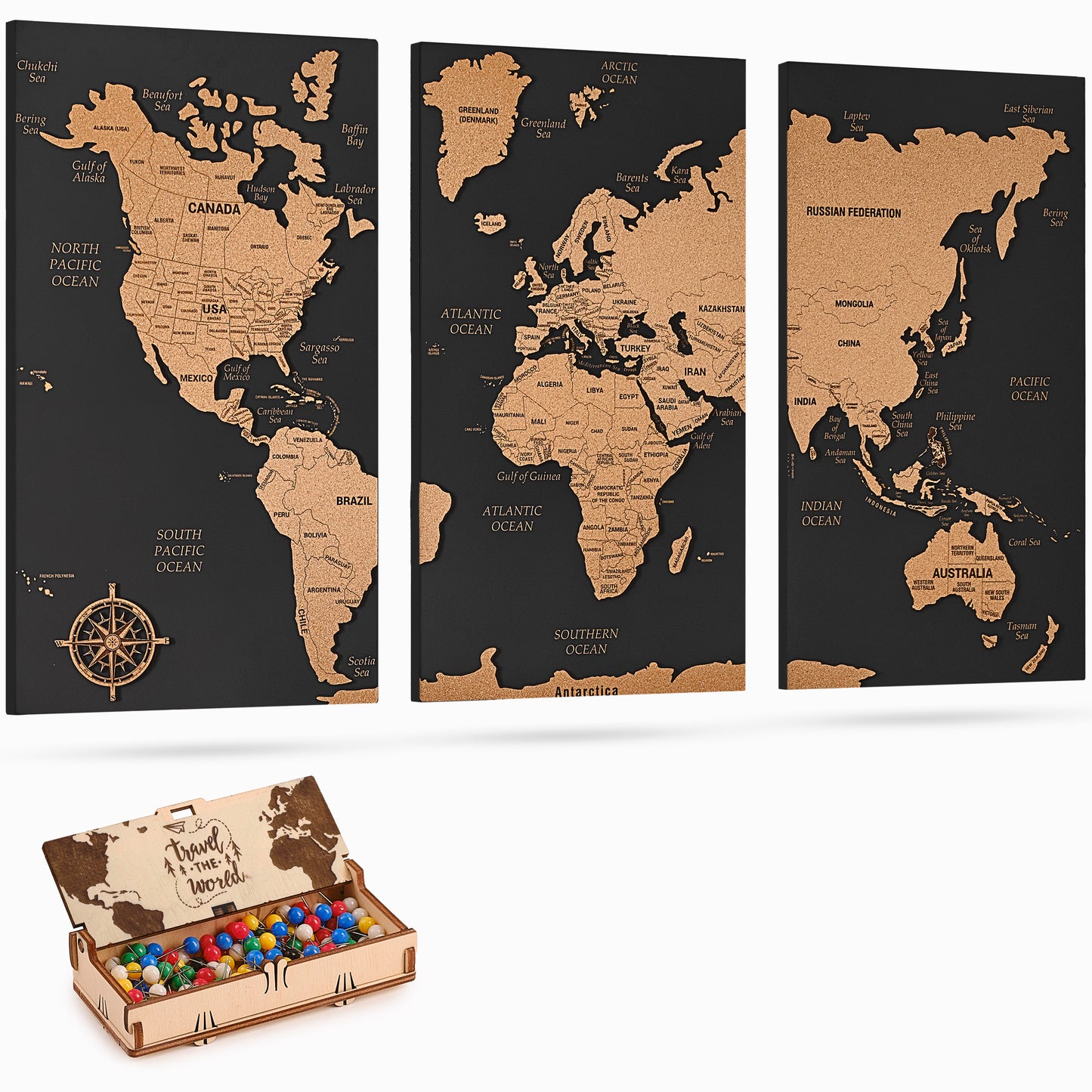 Push Pin World Map with Pins - L Black Cork Triptych Wall Map