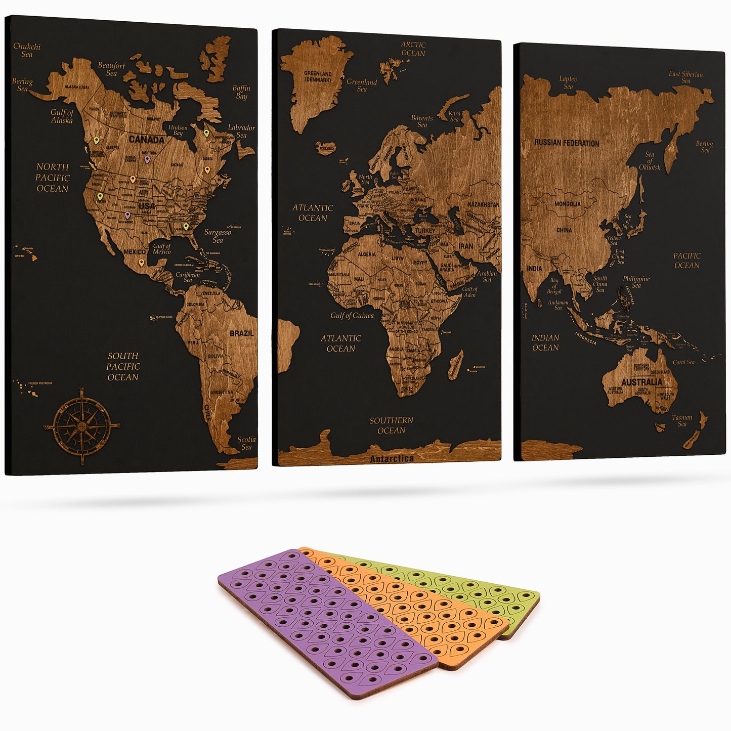 Wooden World Map with Pins - L Black Dark Walnut Triptych Wall Map