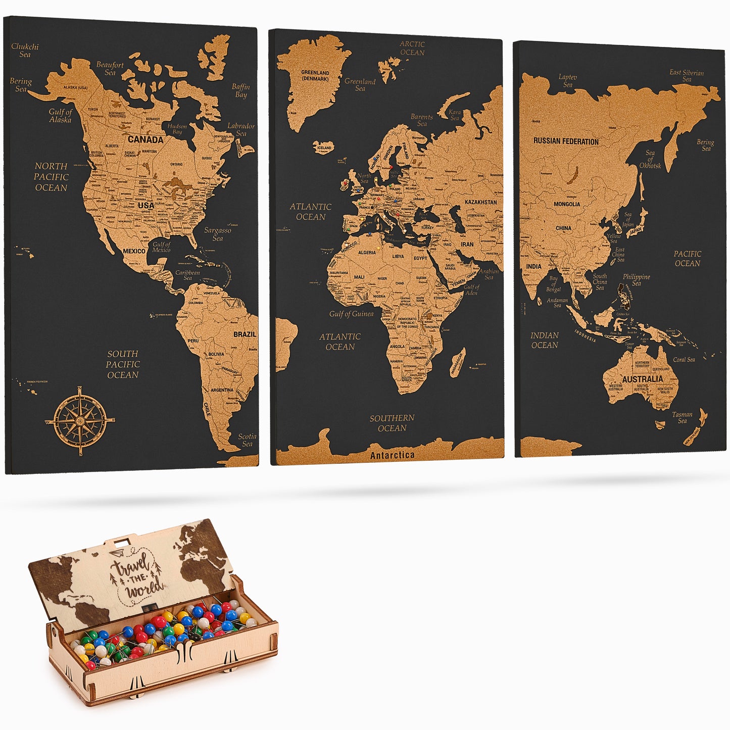 Push Pin World Map with Pins - XL Black Cork Triptych Wall Map