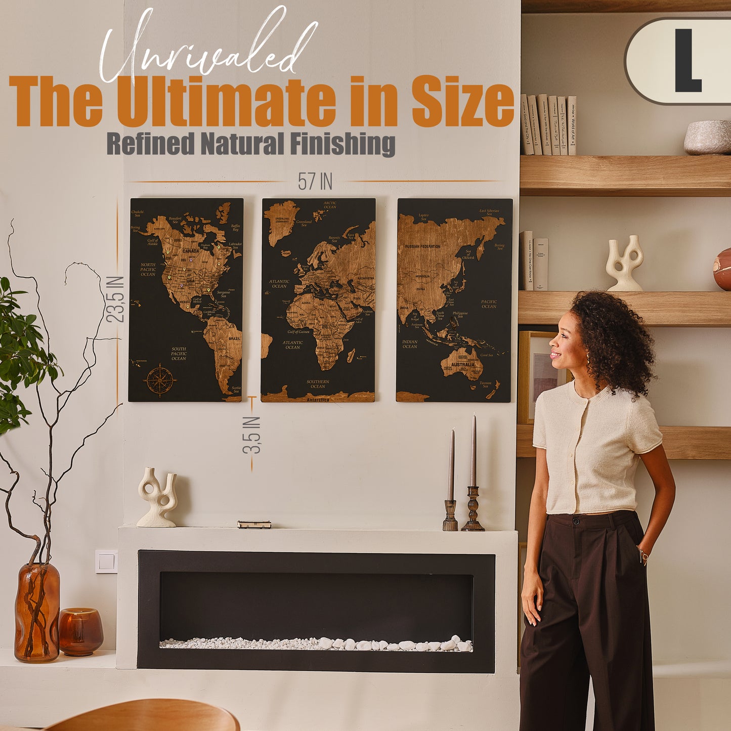 Wooden World Map with Pins - L Black Dark Walnut Triptych Wall Map