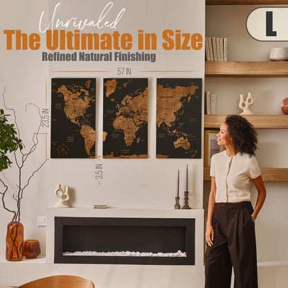 Wooden World Map with Pins - L Black Dark Walnut Triptych Wall Map