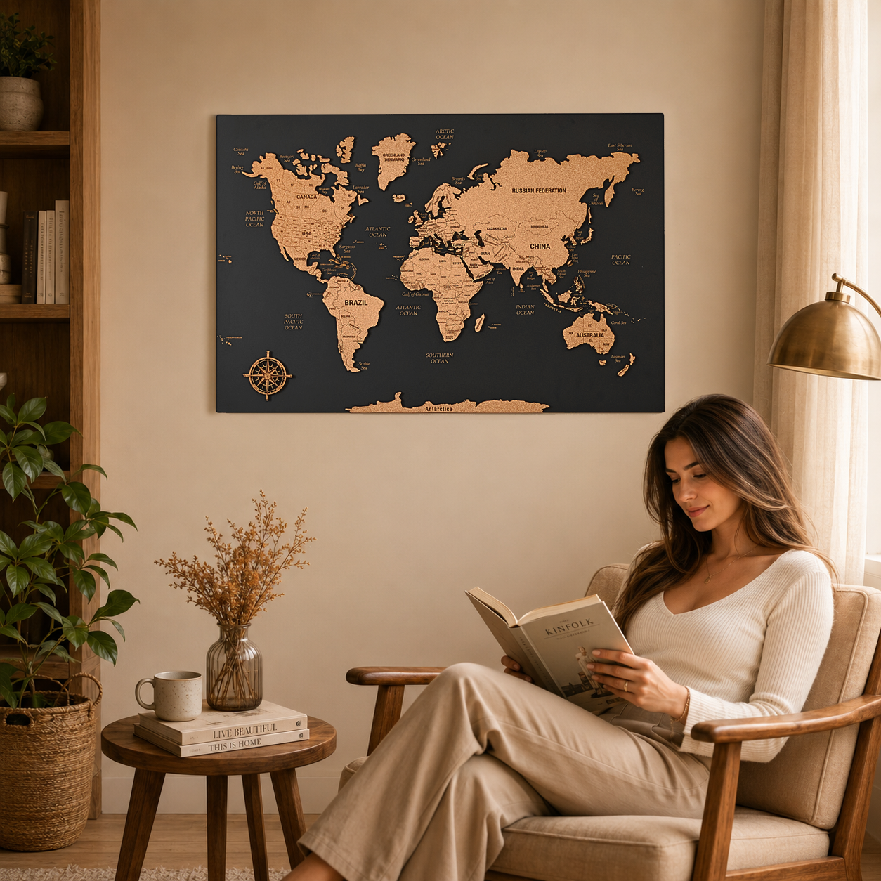 Push Pin World Map with Pins - M Black Cork Wall Map
