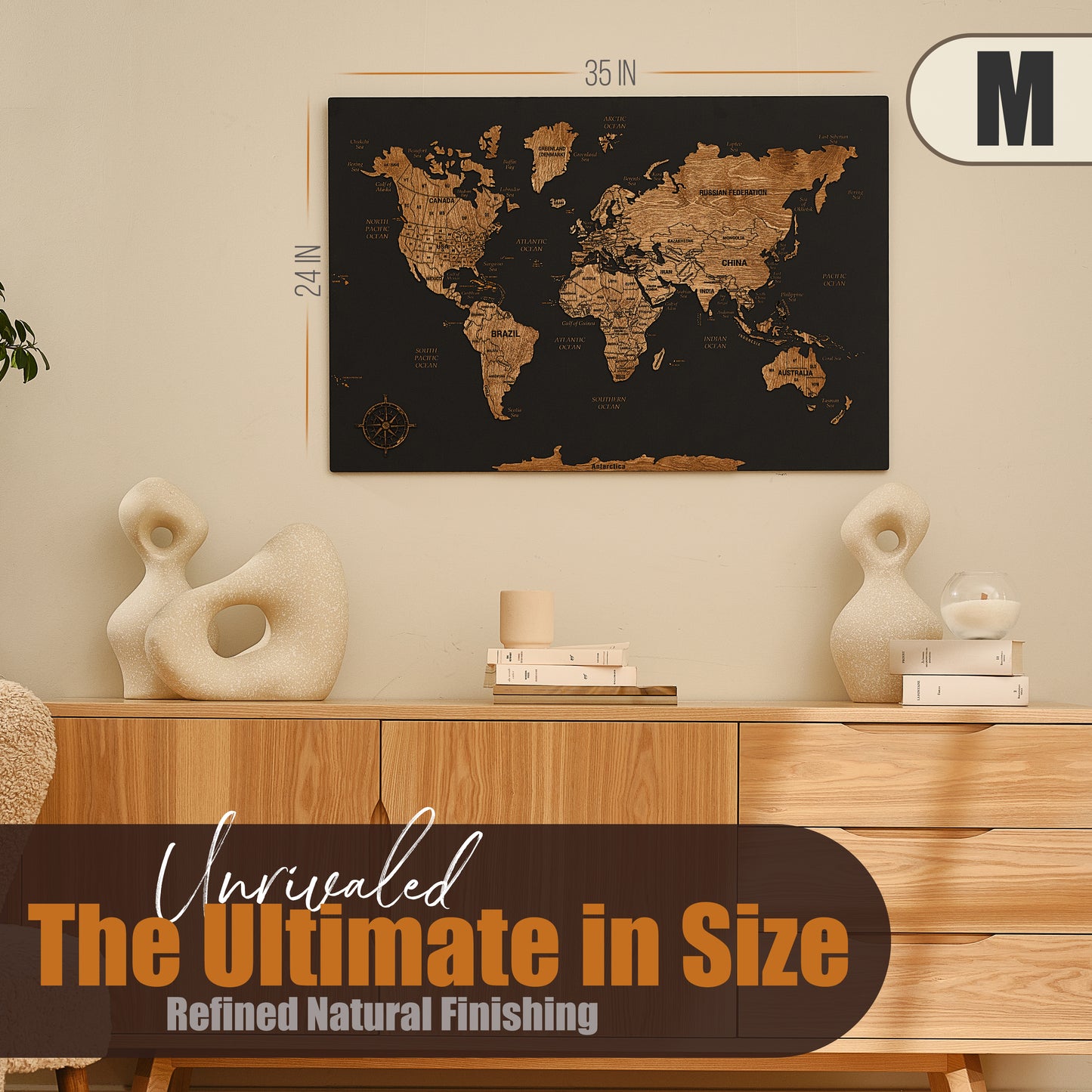 Wooden World Map with Pins - M Black Dark Walnut Wall Map