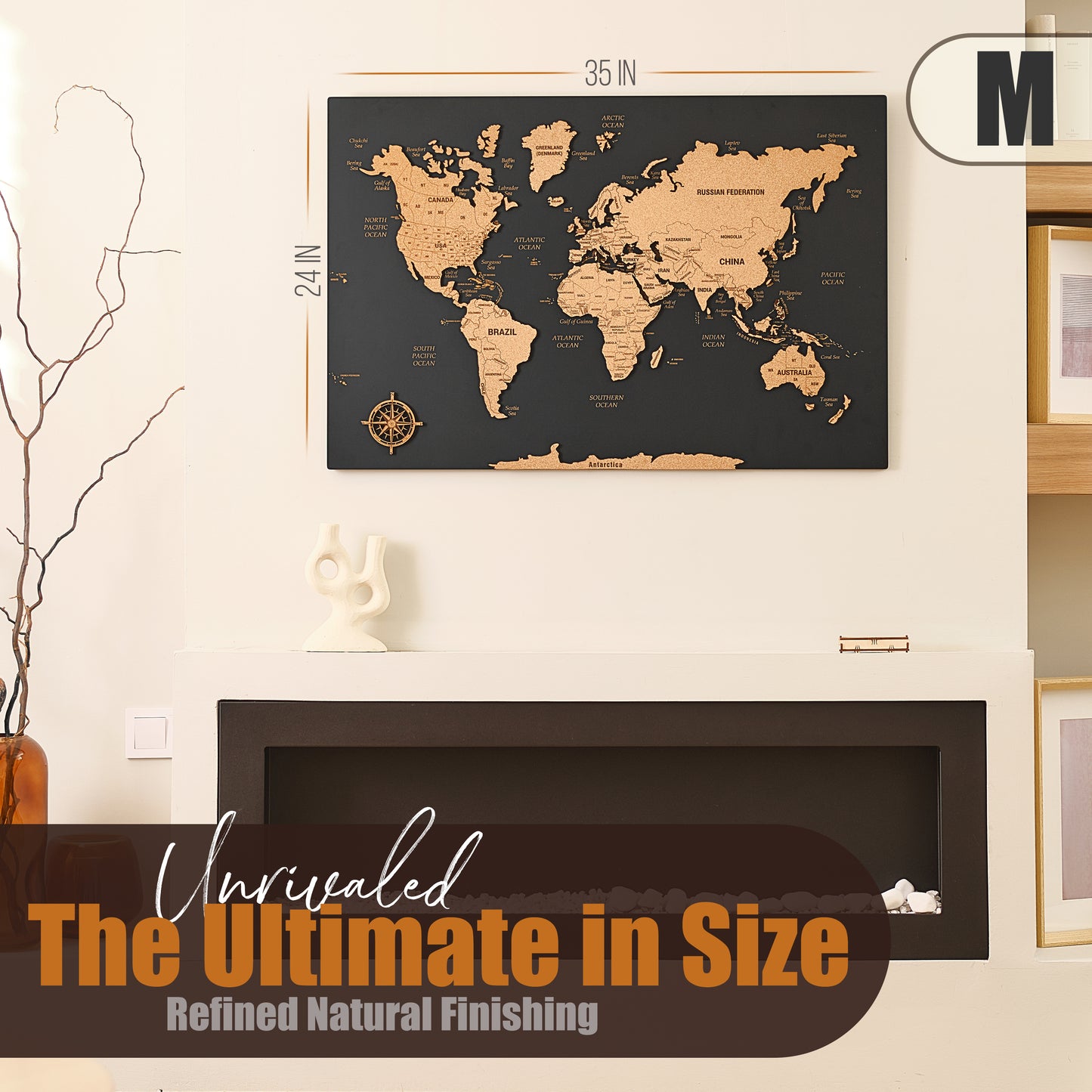 Push Pin World Map with Pins - M Black Cork Wall Map