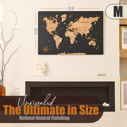 Push Pin World Map with Pins - M Black Cork Wall Map
