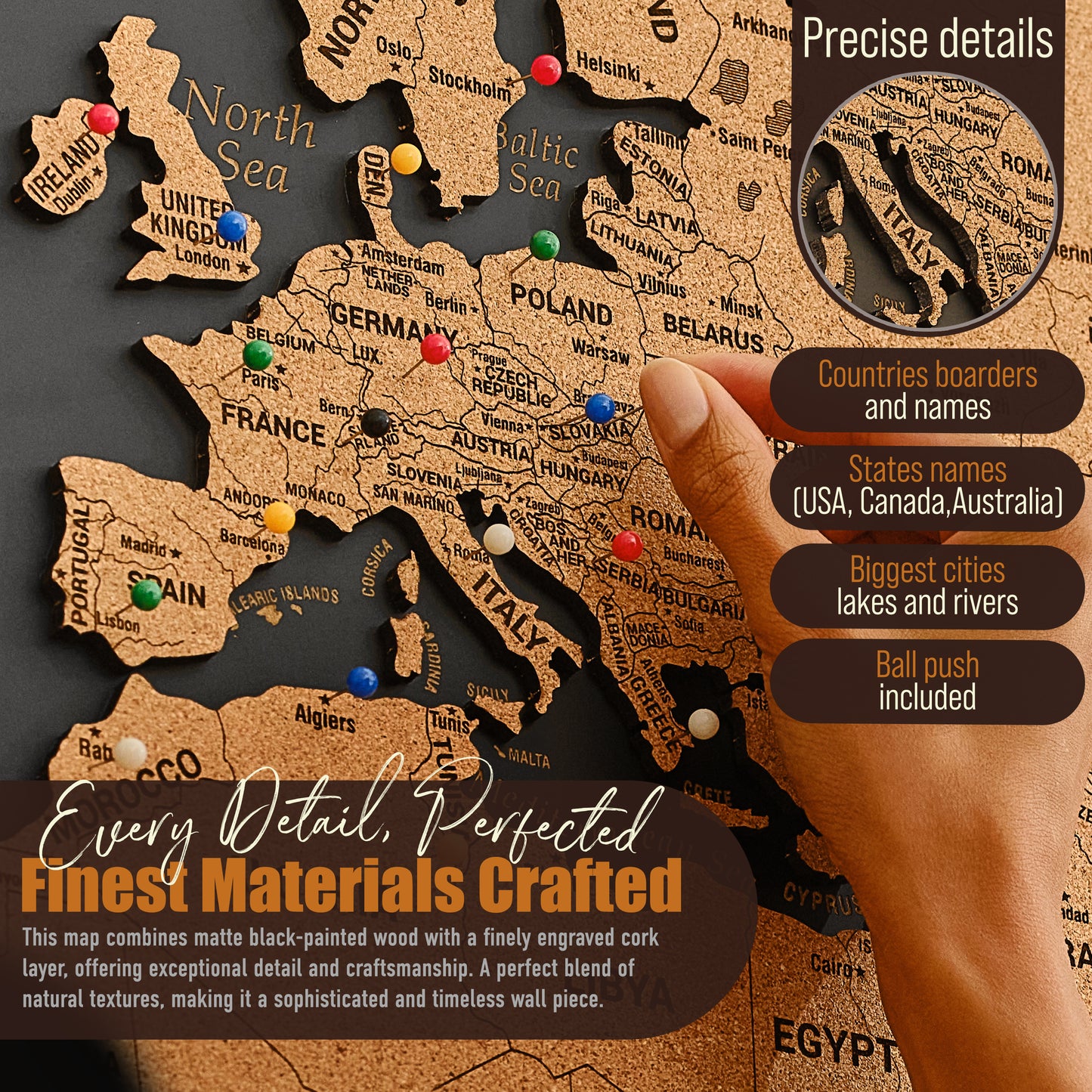 Push Pin World Map with Pins - XL Black Cork Triptych Wall Map