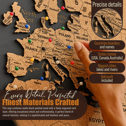 Push Pin World Map with Pins - XL Black Cork Triptych Wall Map