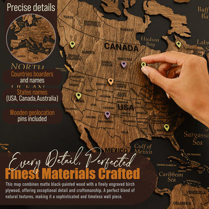 Wooden World Map with Pins - L Black Dark Walnut Triptych Wall Map