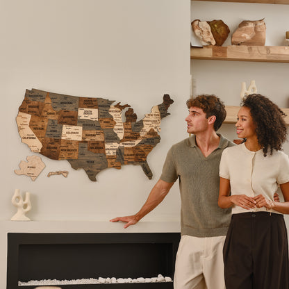 Wooden United States Visited Map - Brown-Grey Multicolor USA Map Wall Art