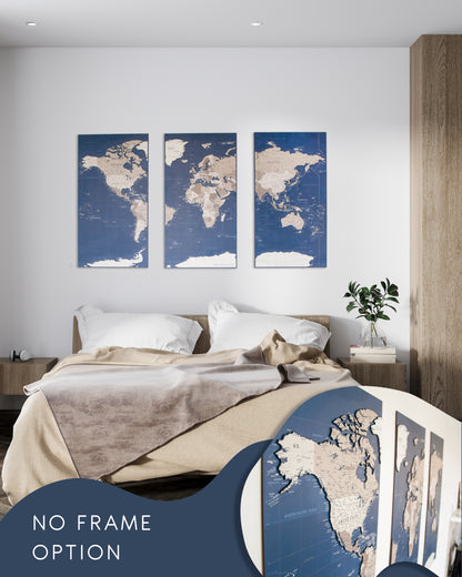 Pinnwand-Weltkarte mit Nadeln – XL-Kork-Triptychon-Wandkarte in Schwarz