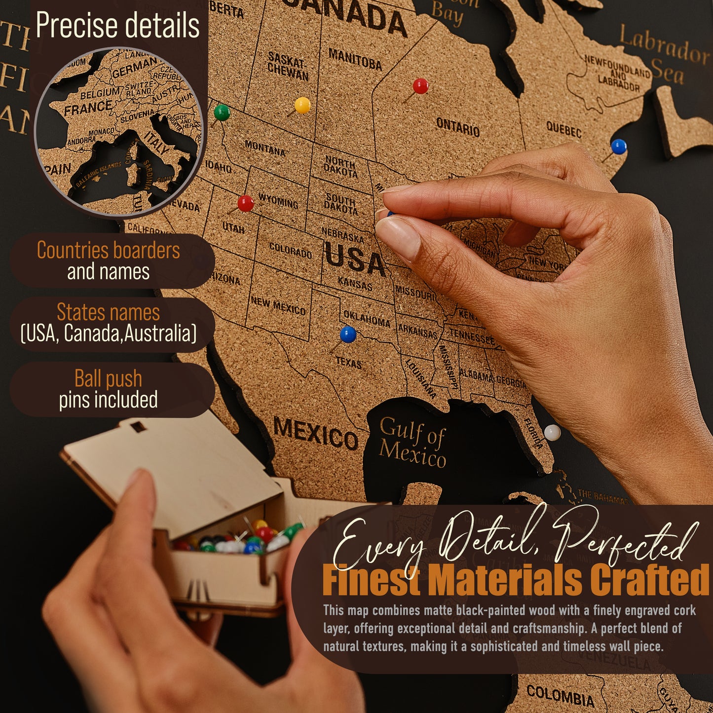Push Pin World Map with Pins - L Black Cork Triptych Wall Map