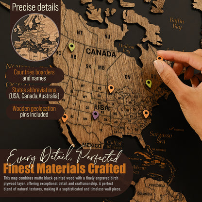 Wooden World Map with Pins - M Black Dark Walnut Wall Map
