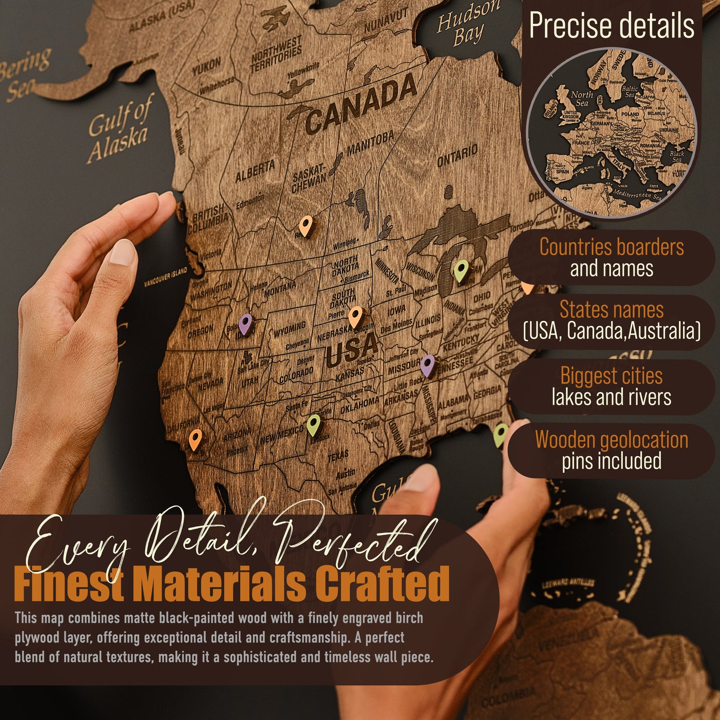 Wooden World Map with Pins - XL Black Dark Walnut Triptych Wall Map