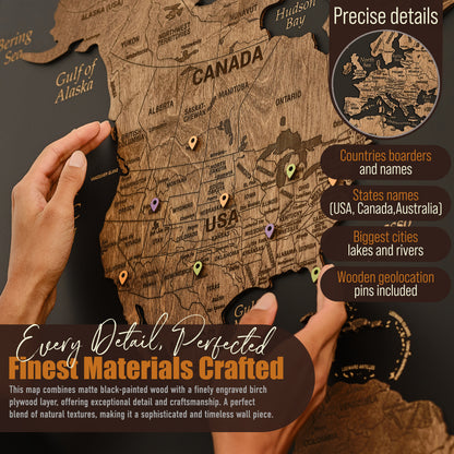 Wooden World Map with Pins - XL Black Dark Walnut Triptych Wall Map