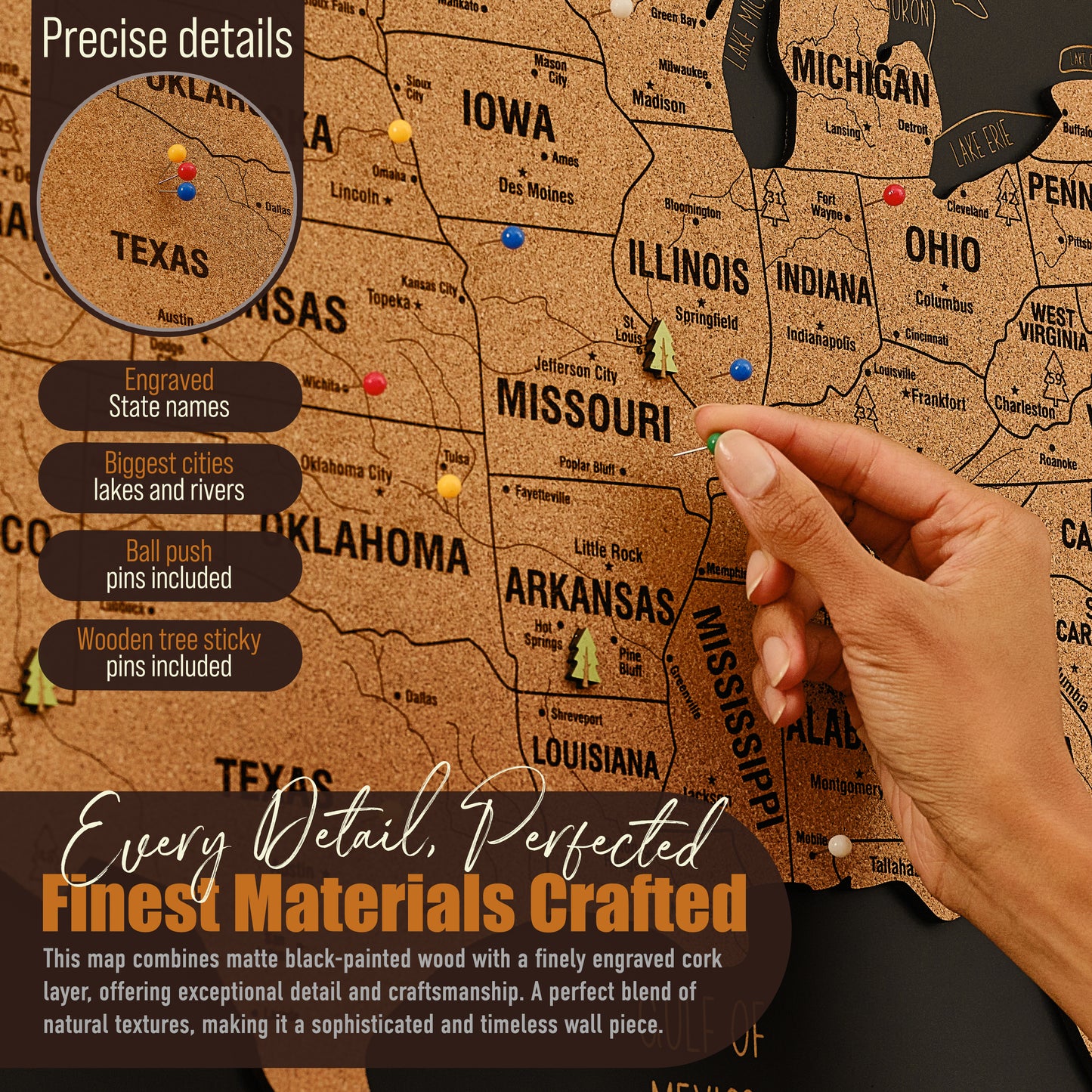 USA National Parks Push Pin Map – Black Cork Wooden Travel Map