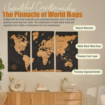 Push Pin World Map with Pins - XL Black Cork Triptych Wall Map