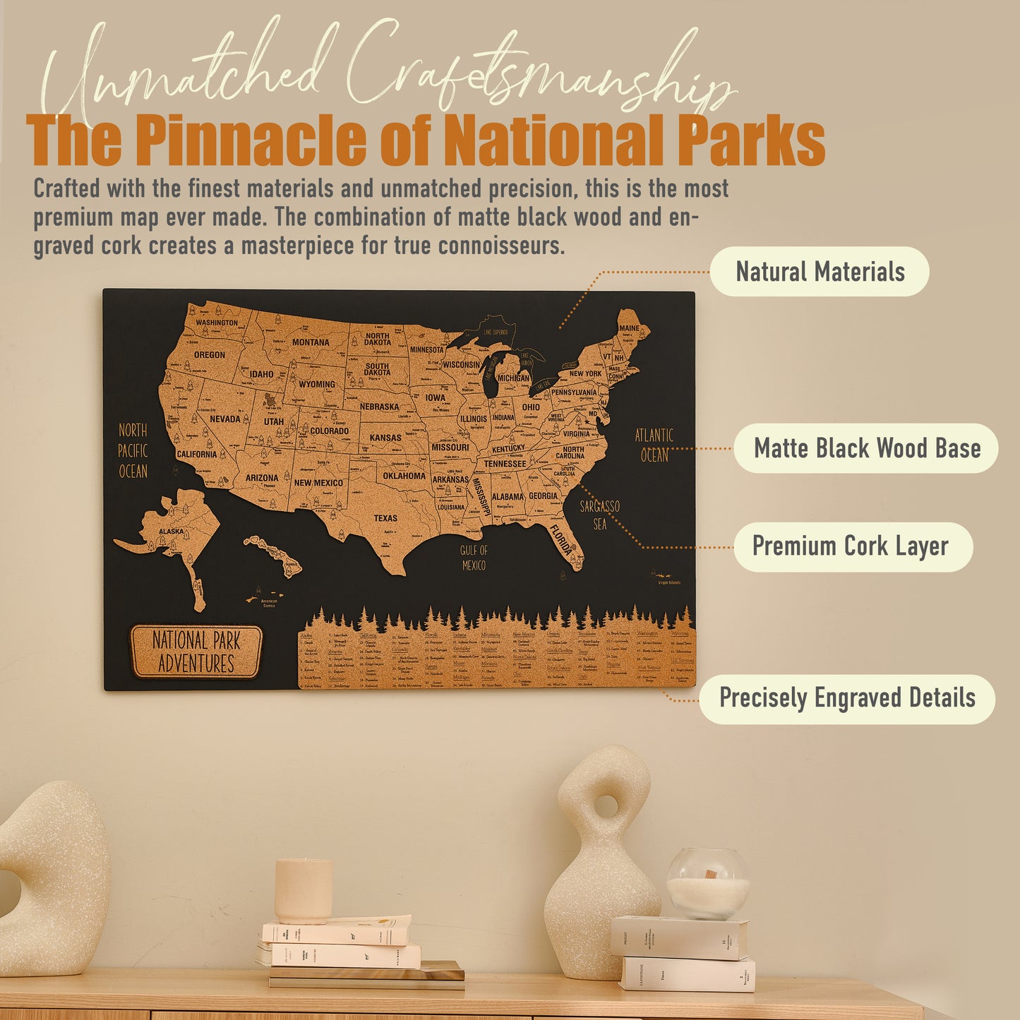 USA National Parks Push Pin Map – Black Cork Wooden Travel Map