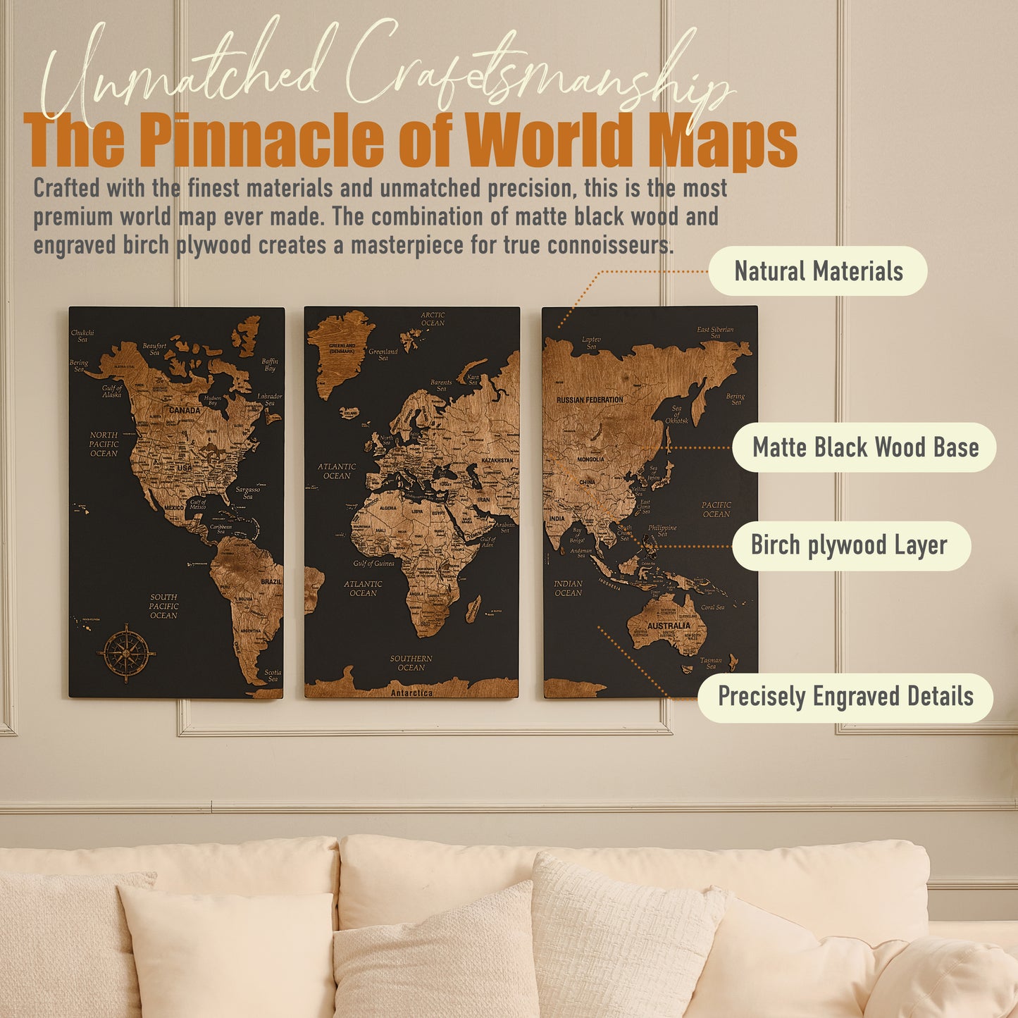 Wooden World Map with Pins - XL Black Dark Walnut Triptych Wall Map