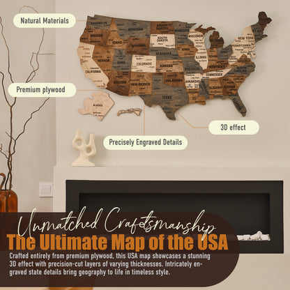 Wooden United States Visited Map - Brown-Grey Multicolor USA Map Wall Art