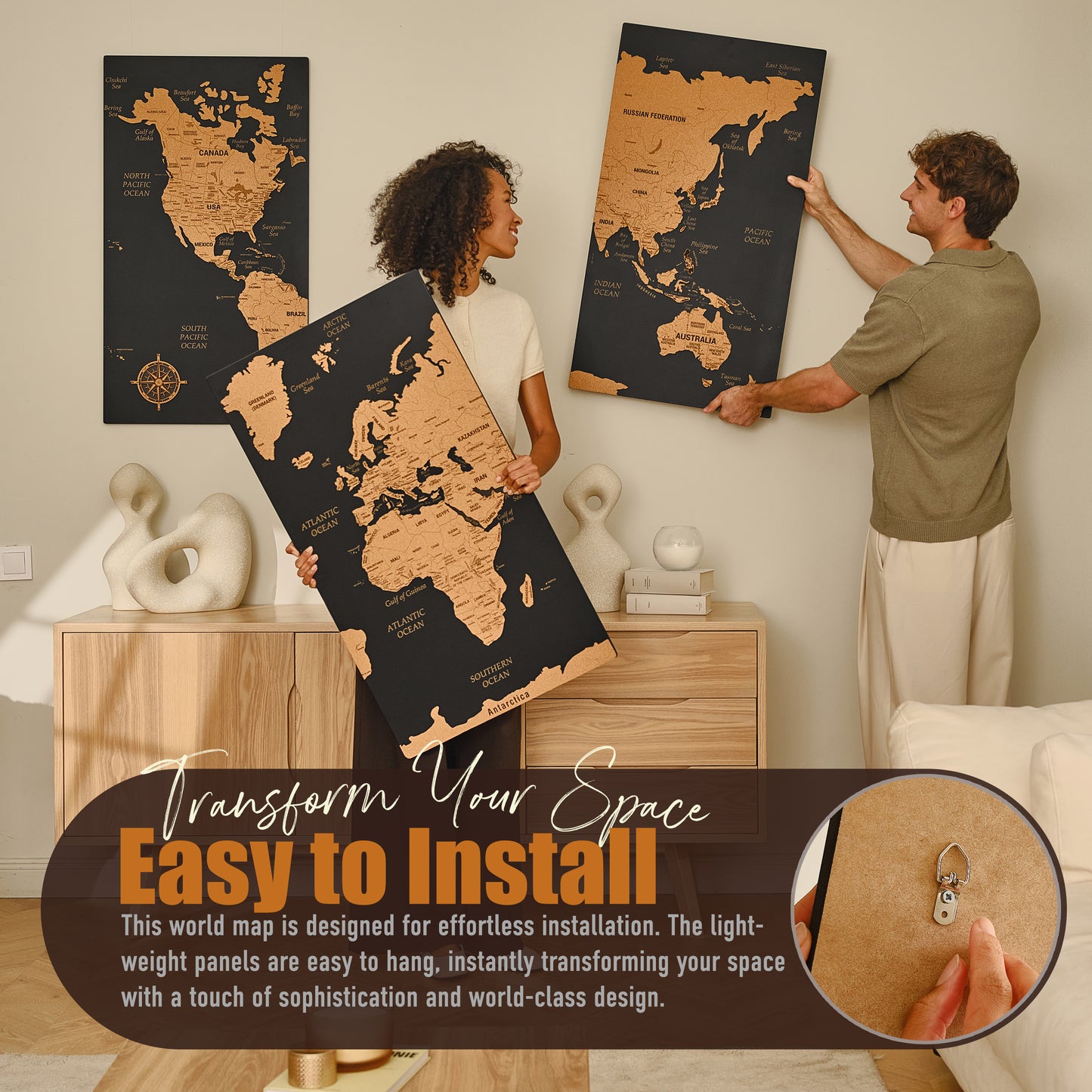 Push Pin World Map with Pins - XL Black Cork Triptych Wall Map