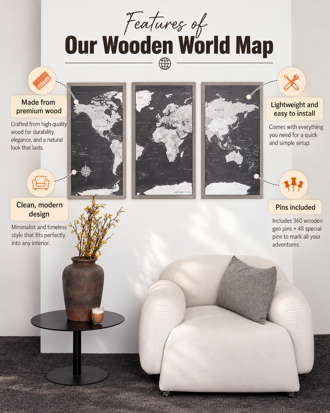 Framed 3 Piece World Map Wall Art - XL Black Travel Map with Pins - photo 2