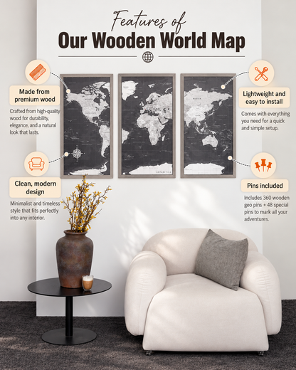 Framed 3 Piece World Map Wall Art - XL Black Travel Map with Pins - photo 2