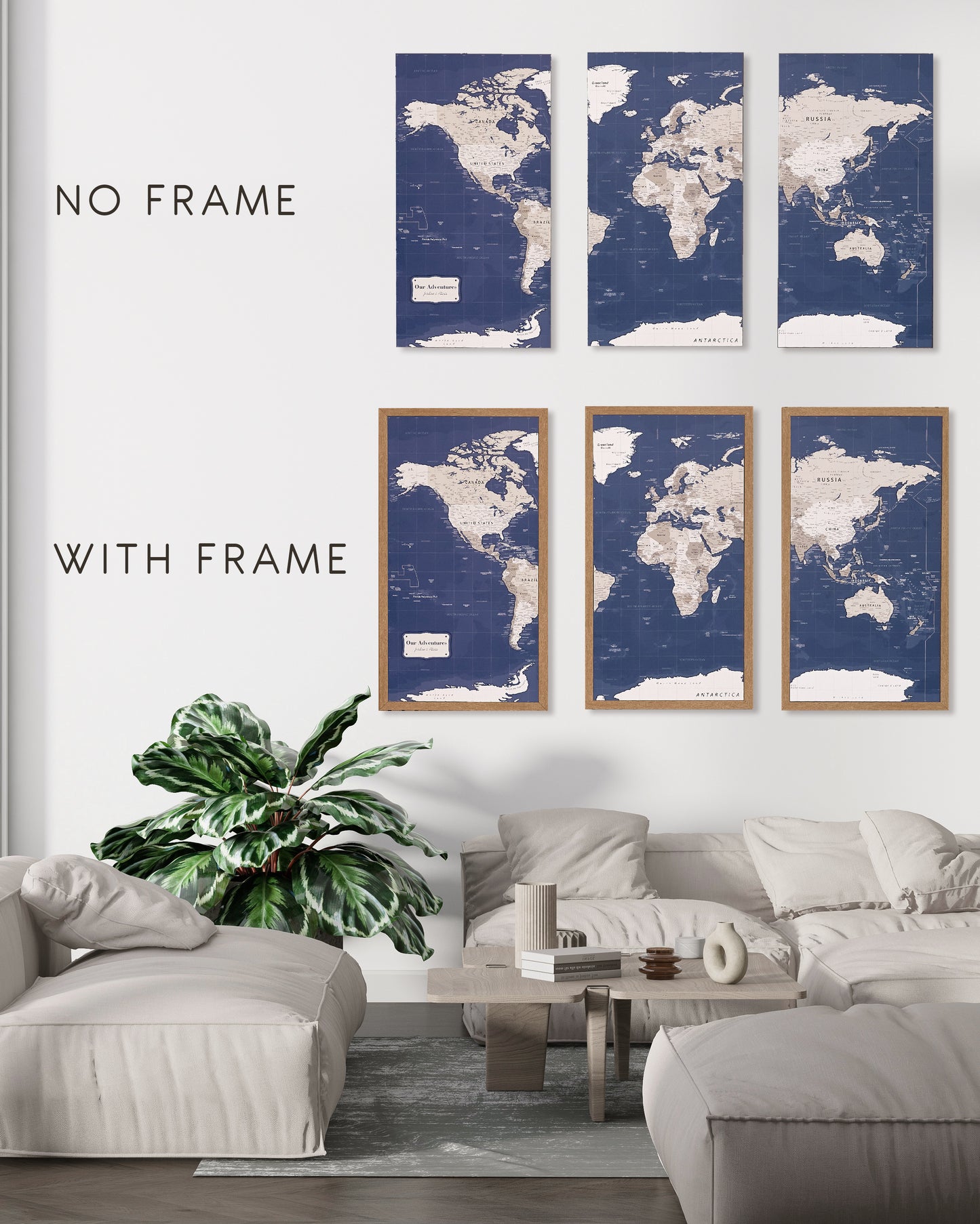 Pinnwand-Weltkarte mit Nadeln – XL-Kork-Triptychon-Wandkarte in Schwarz