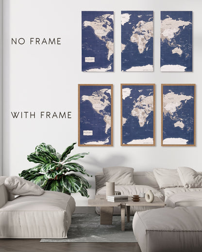 Pinnwand-Weltkarte mit Nadeln – XL-Kork-Triptychon-Wandkarte in Schwarz
