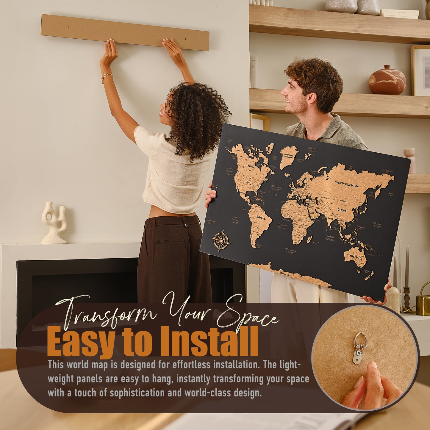 Push Pin World Map with Pins - M Black Cork Wall Map