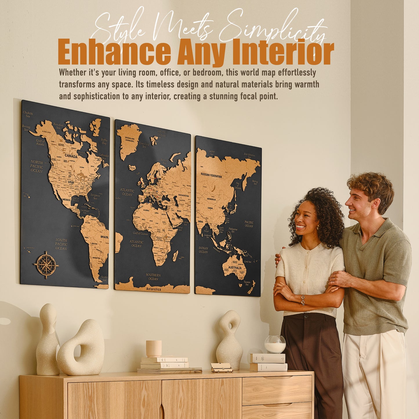 Push Pin World Map with Pins - XL Black Cork Triptych Wall Map