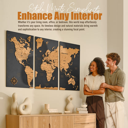 Push Pin World Map with Pins - XL Black Cork Triptych Wall Map