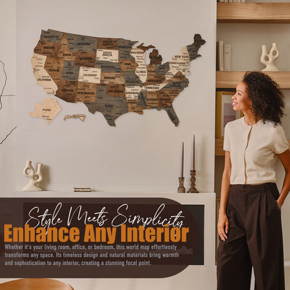 Wooden United States Visited Map - Brown-Grey Multicolor USA Map Wall Art