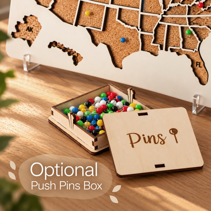 Box with Push Pins for US States Visited Map