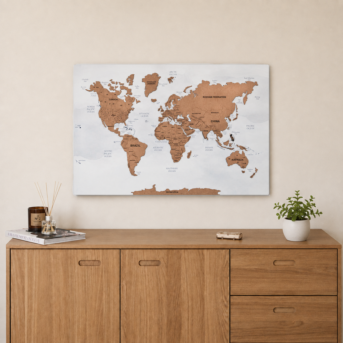 3D World Map Push Pin - M White-Grey Cork Wall Map