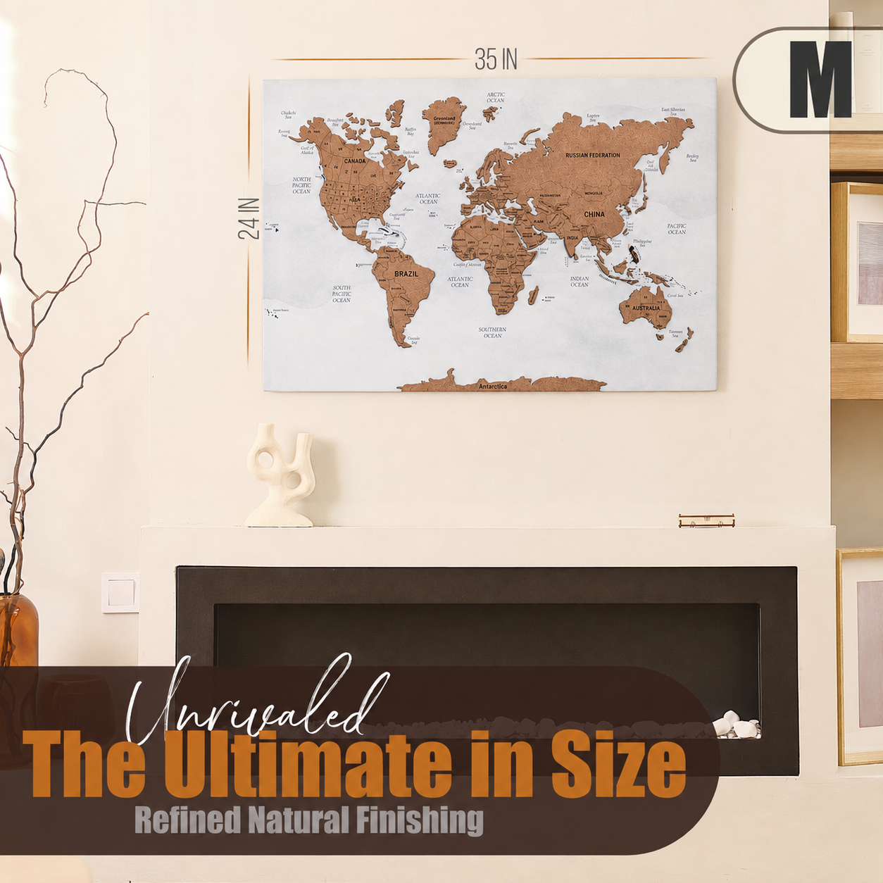 3D World Map Push Pin - M White-Grey Cork Wall Map