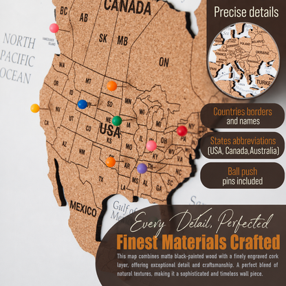 3D World Map Push Pin - M White-Grey Cork Wall Map