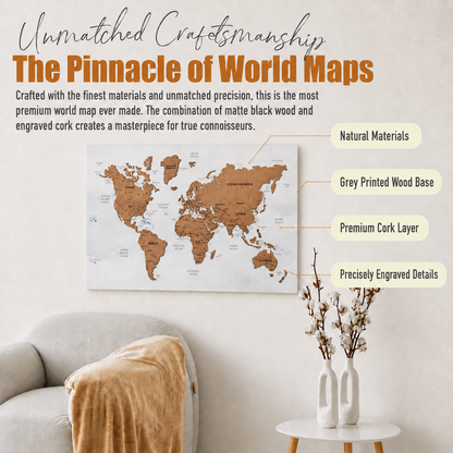 3D World Map Push Pin - M White-Grey Cork Wall Map