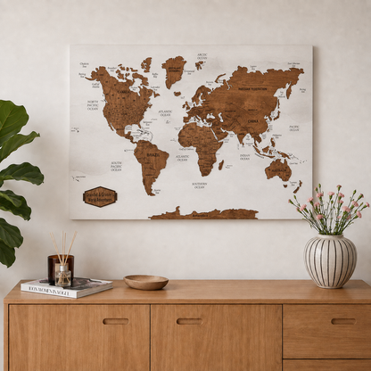 Wooden World Map with Pins - M White-Grey with Dark Walnut Wall Map
