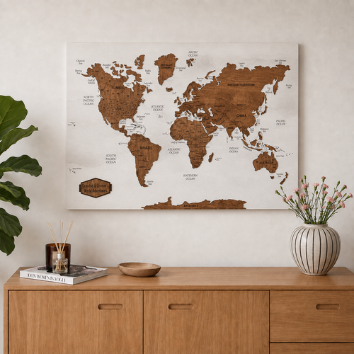 Wooden World Map with Pins - M White-Grey with Dark Walnut Wall Map