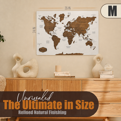 Wooden World Map with Pins - M White-Grey with Dark Walnut Wall Map