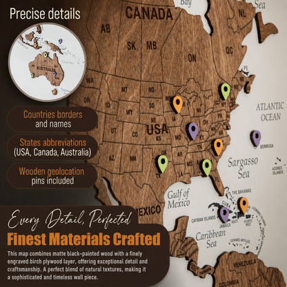 Wooden World Map with Pins - M White-Grey with Dark Walnut Wall Map