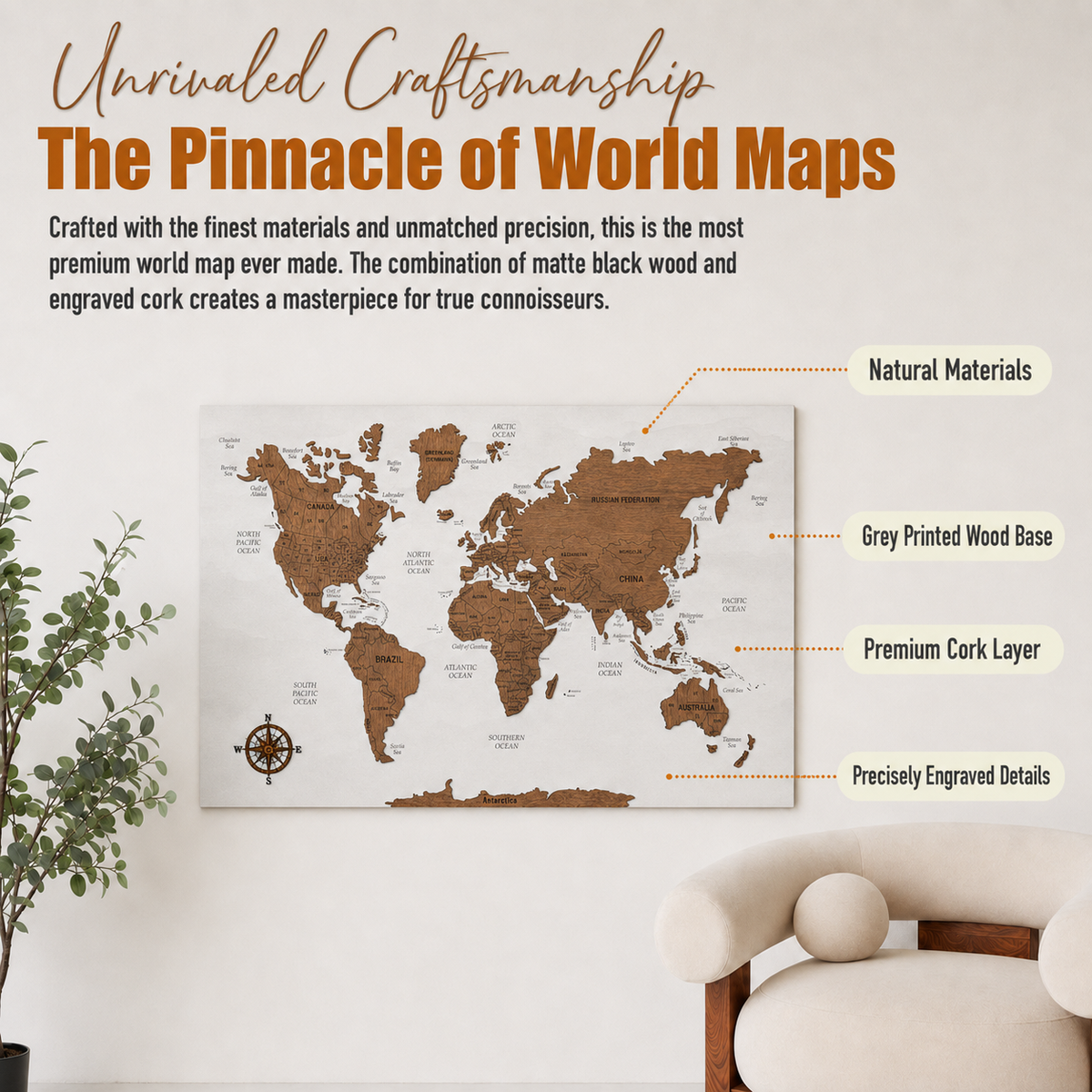 Wooden World Map with Pins - M White-Grey with Dark Walnut Wall Map
