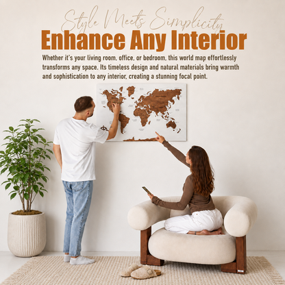 Wooden World Map with Pins - M White-Grey with Dark Walnut Wall Map