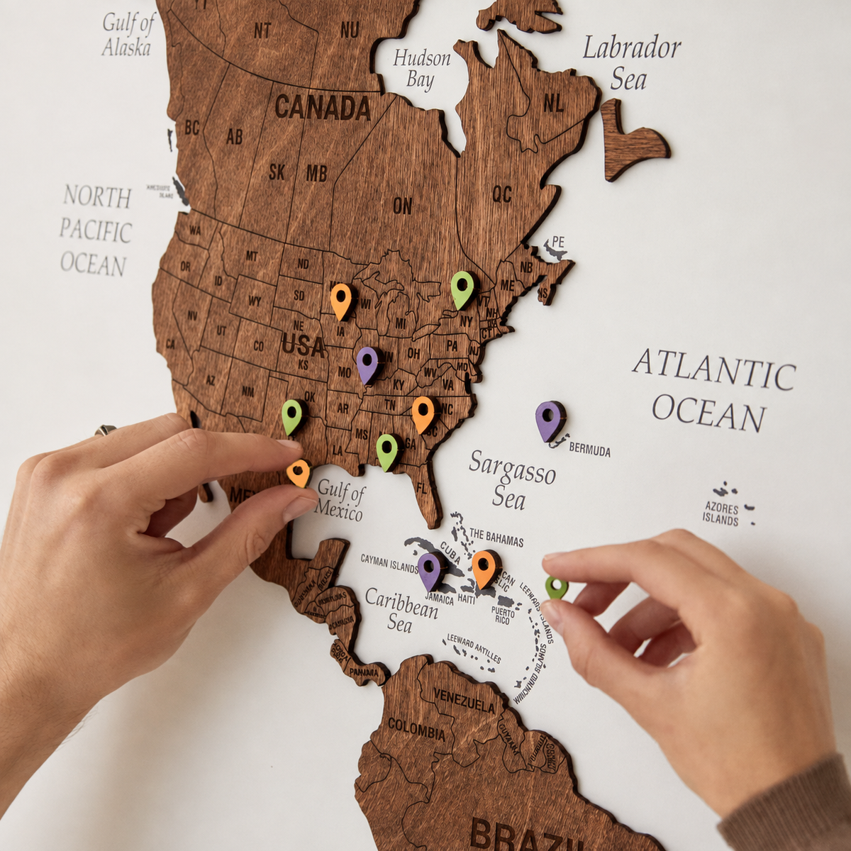 Wooden World Map with Pins - M White-Grey with Dark Walnut Wall Map