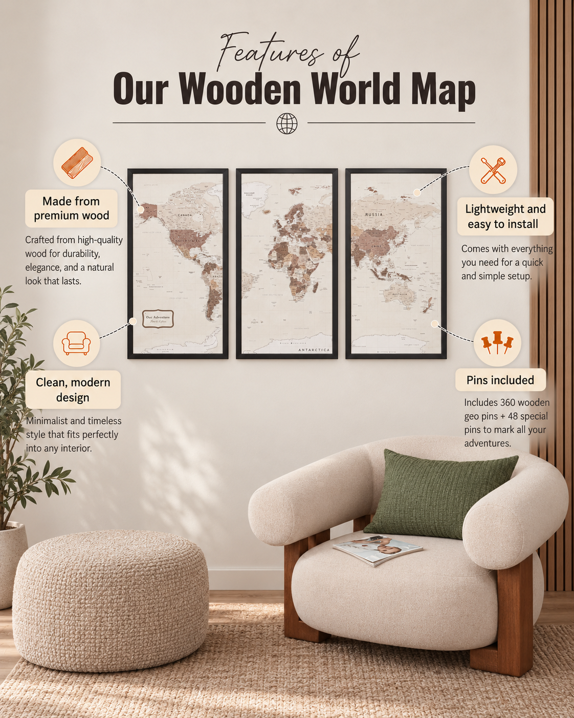 Framed 3d Wooden World Map - XL Beige Home Improvement - Photo 5