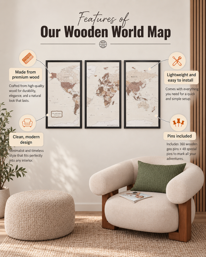 Framed 3d Wooden World Map - XL Beige Home Improvement - Photo 5
