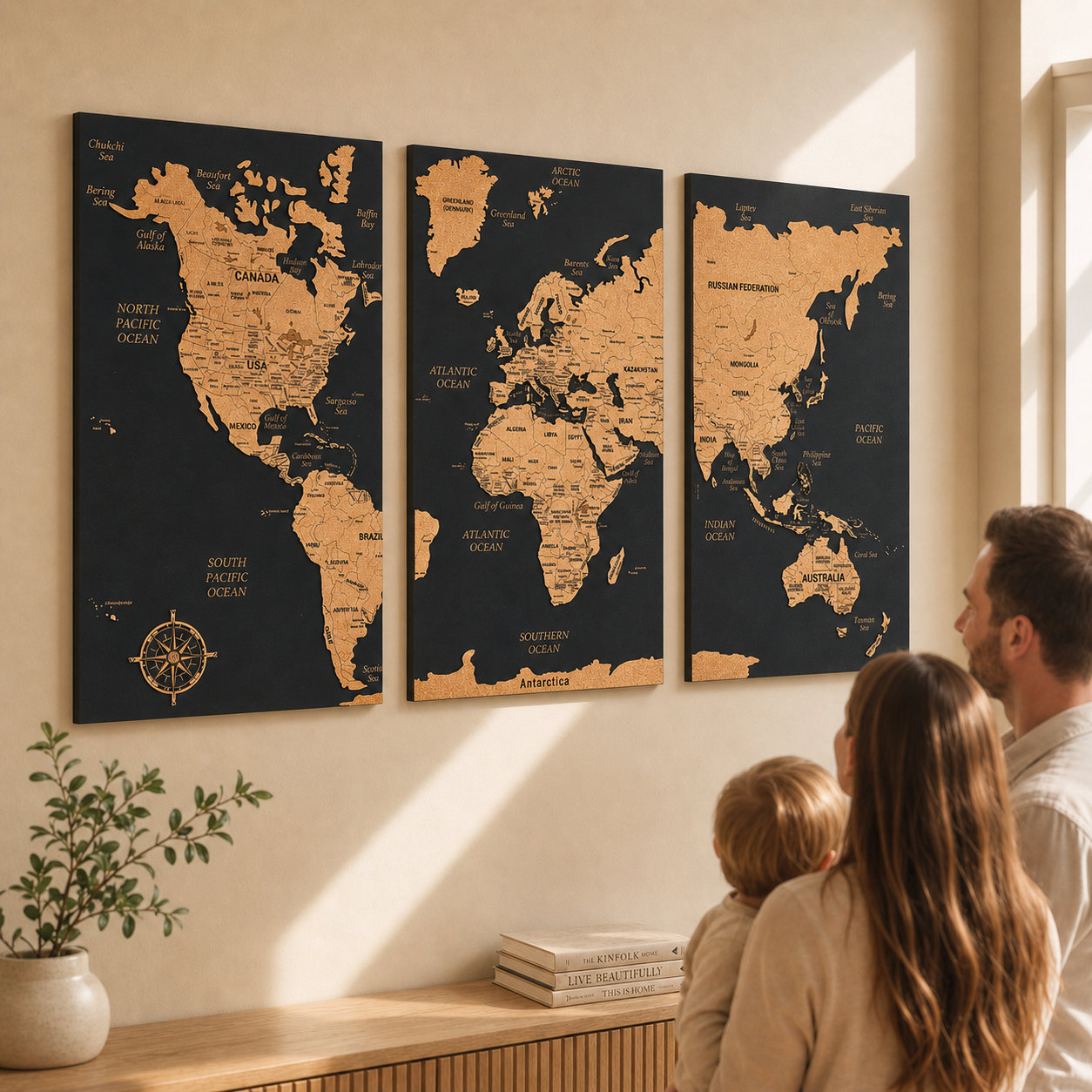 Push pin world map with pins black wooden triptych wall map in modern living room interior with family