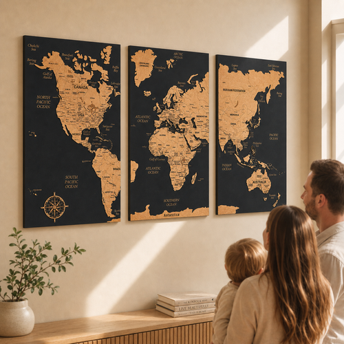 Push pin world map with pins black wooden triptych wall map in modern living room interior with family