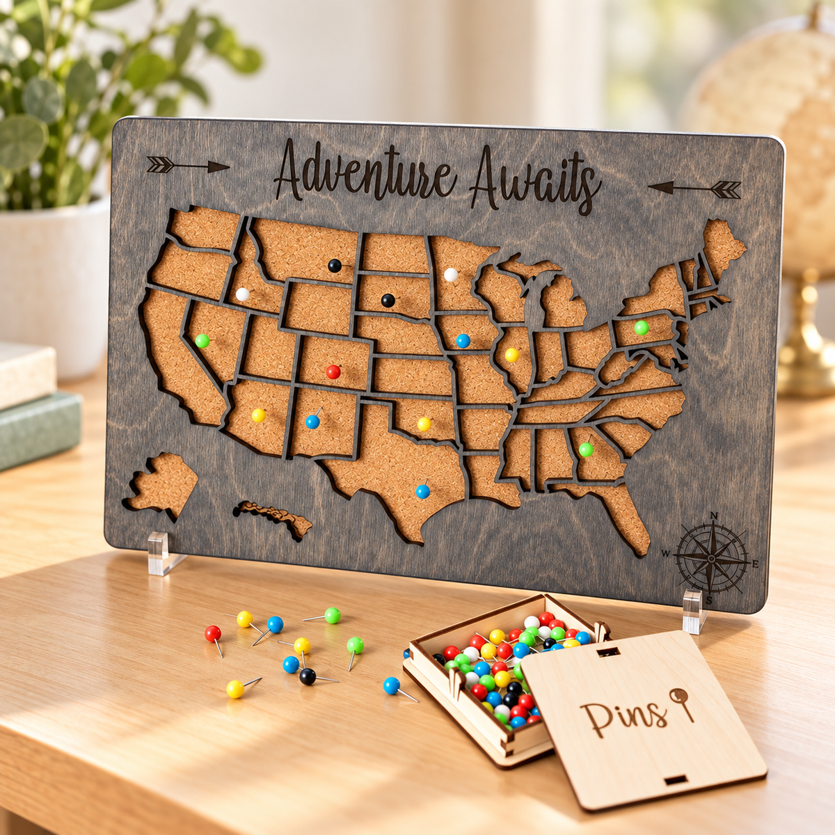 Push Pin Travel Map of the USA - Grey States Visited Decor