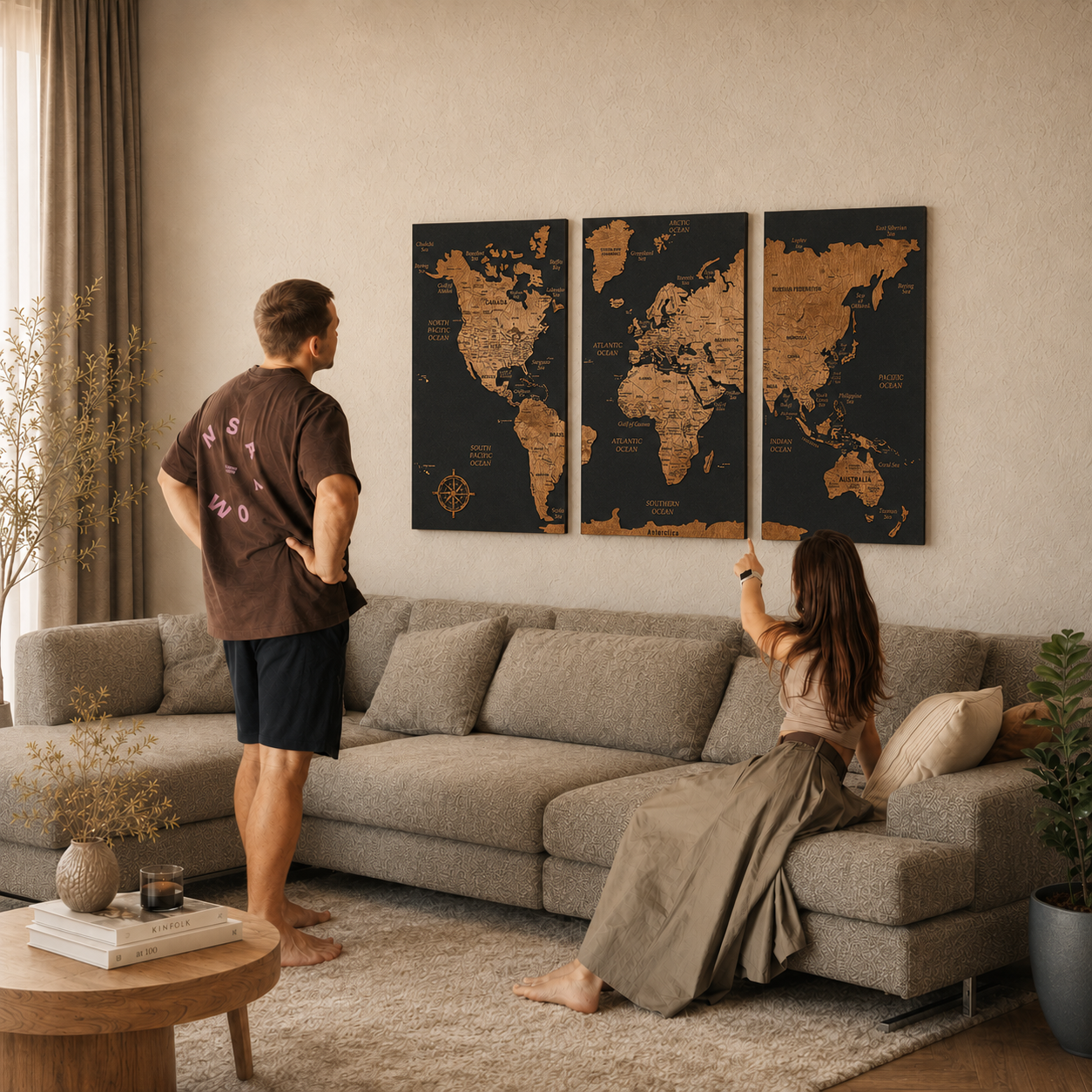 Wooden World Map with Pins - XL Black Dark Walnut Triptych Wall Map